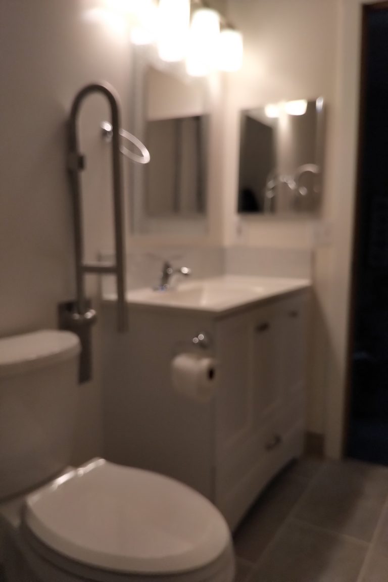 Gray vanity and mirror